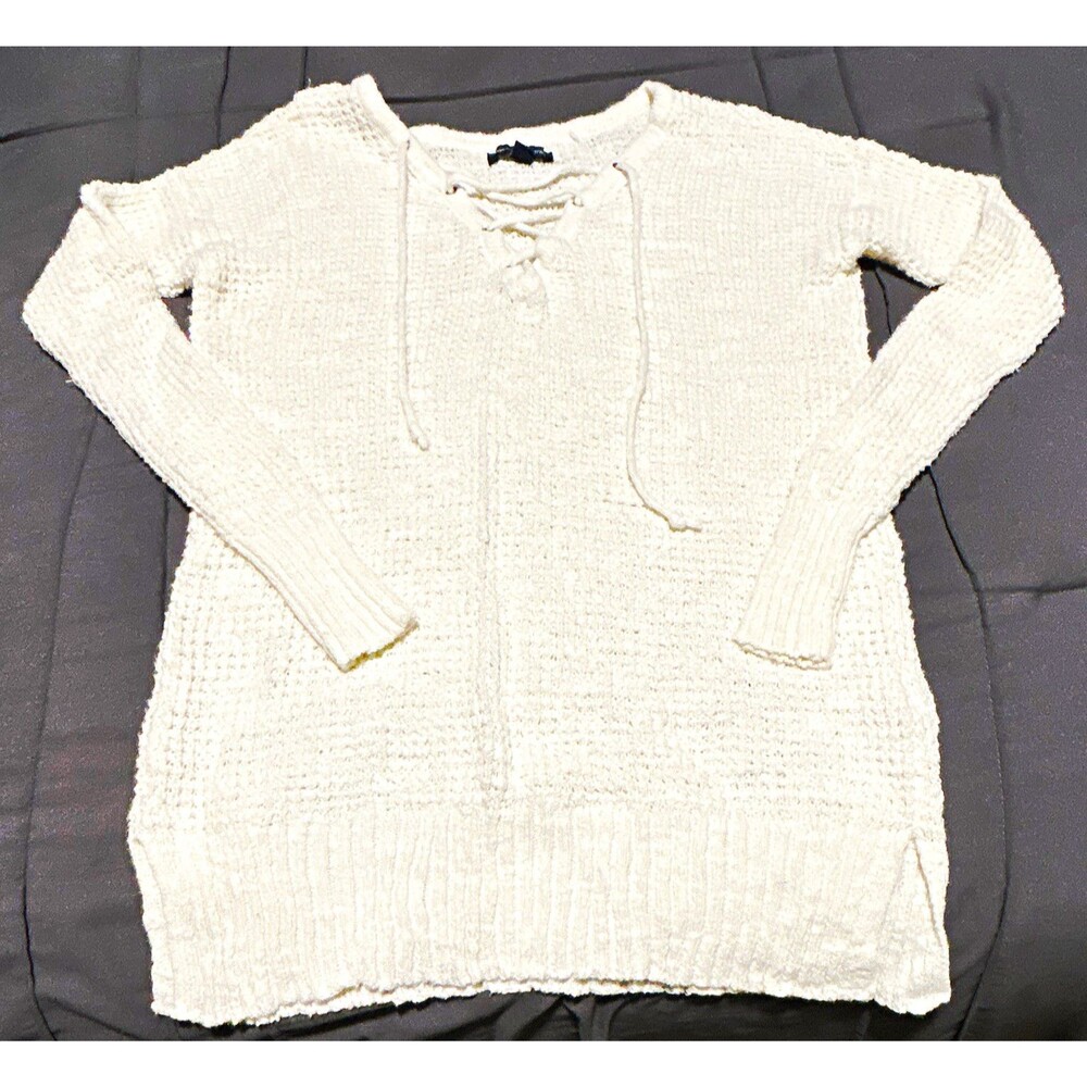 American Eagle Outfitters Women's Ivory V-Neck Lace-Up Knit Pullover Sweater XS
